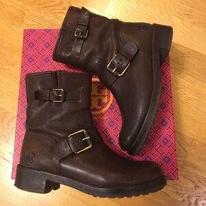 Tory Burch Chrystie buckle leather booties Brown
